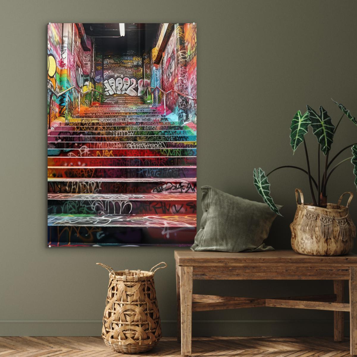 ACRYLGLASBILD Treppe - Graffiti - Farben - Kunst 80x120 cm - Multicolor, Glas (80/120cm) - MuchoWow