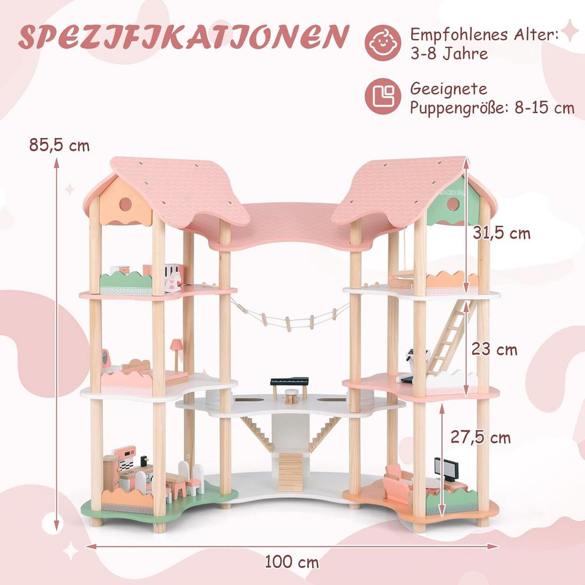 PUPPENHAUS 85cm Rosa - Pink, Holz (100/85/48cm) - COSTWAY
