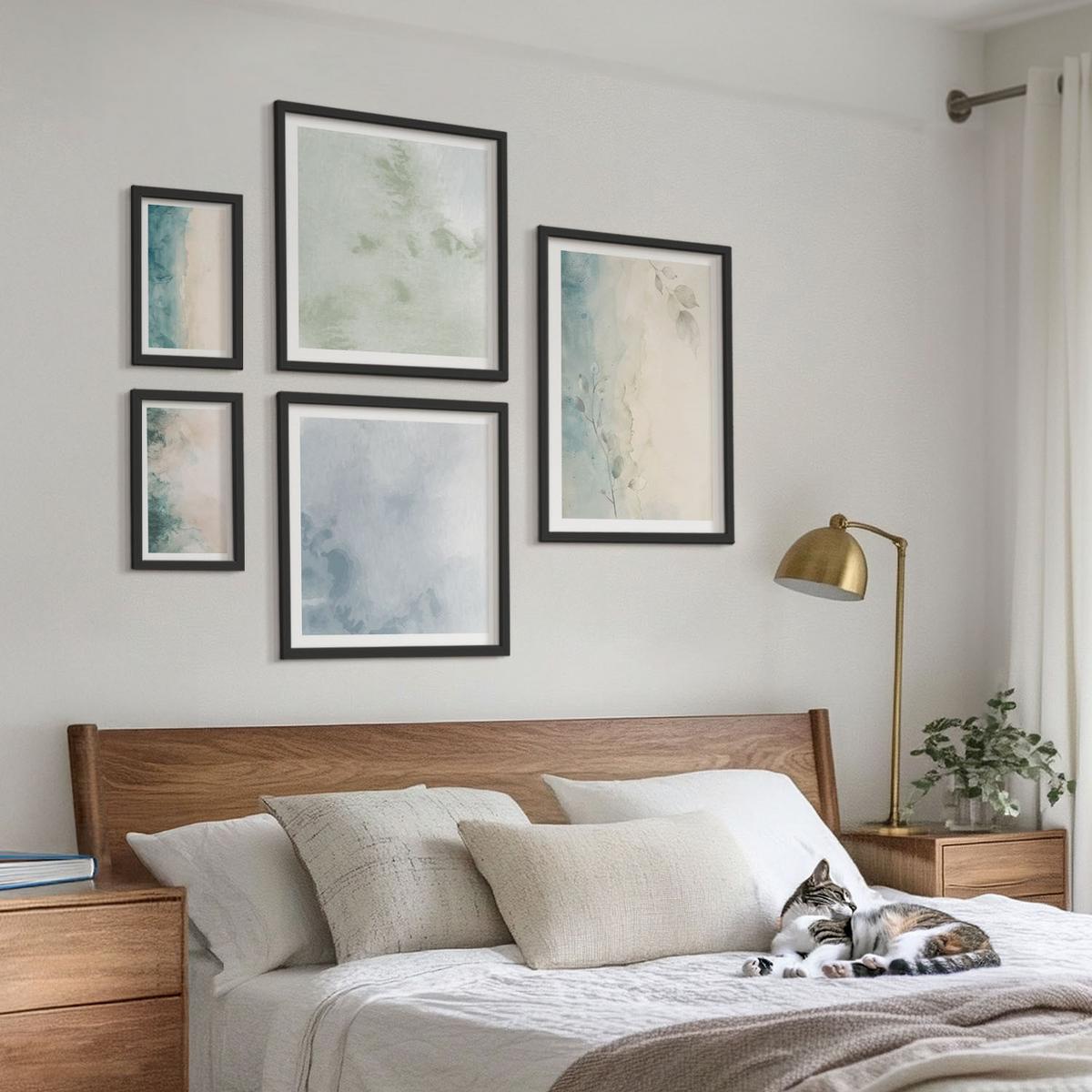 BILDER SET 5er Set - 50x50 cm & 20x30 cm & 40x60 cm Schwarzer Rahmen - Aquarell-Leinwandstil - Schwarz, Kunststoff (40/60cm) - TULUP