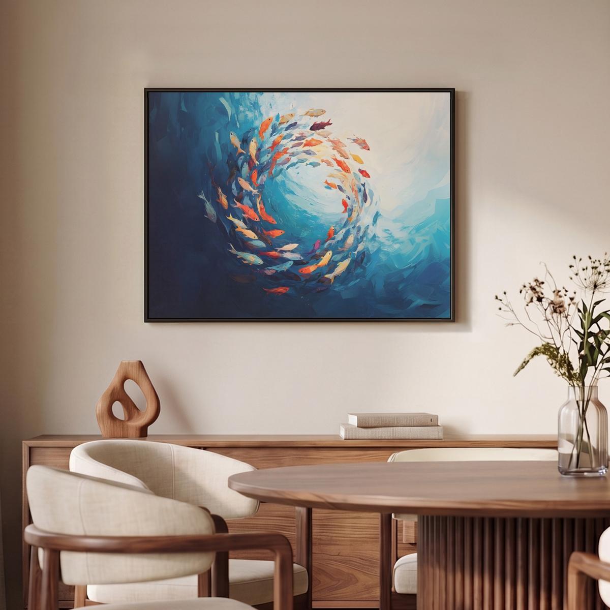 LEINWAND Bilder mit Rahmen - Meer - Fische - Bunt - Dynamisch - 70x50 - Hellblau, Textil (70/50cm) - MuchoWow
