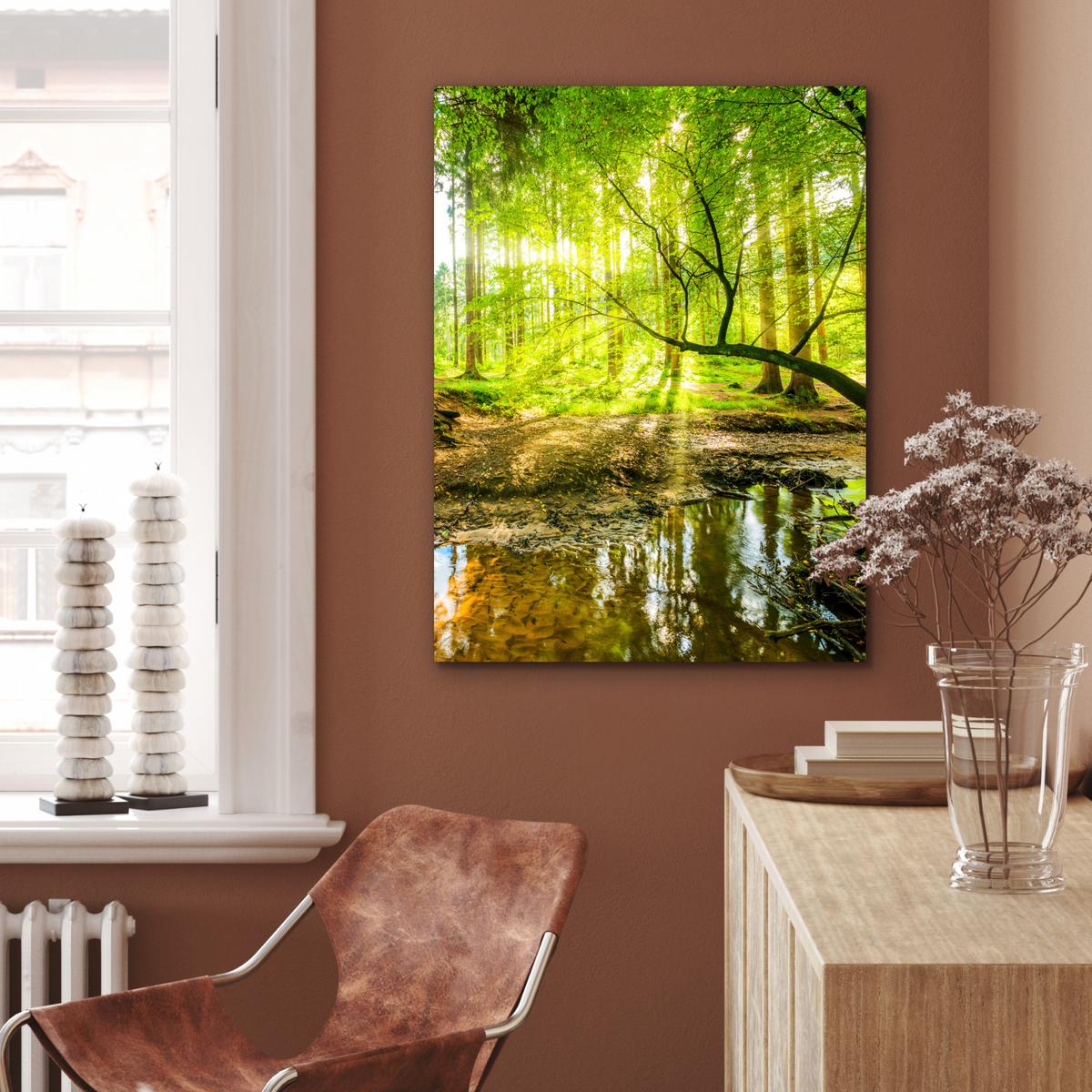 METALLBILD Wald - Landschaft - Wasser - Bäume - Sonne - Grün - Natur 60x80 cm - Grün, Metall (60/80cm) - MuchoWow