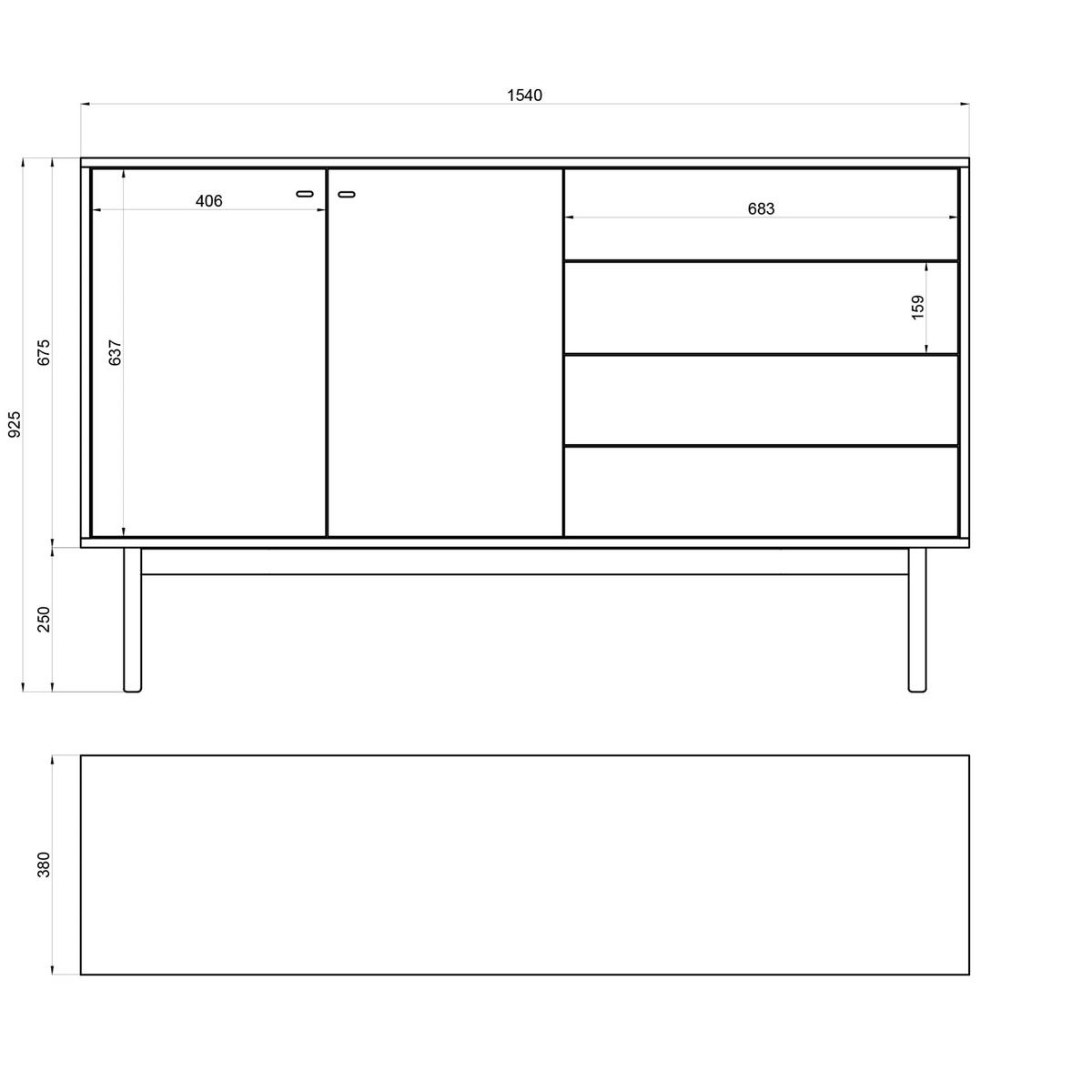SIDEBOARD Olar II PORTLAND ESCHE SCHWARZ 154 CM - Goldfarben/Schwarz, Holzwerkstoff/Metall (154/92.5/38cm) - Selsey