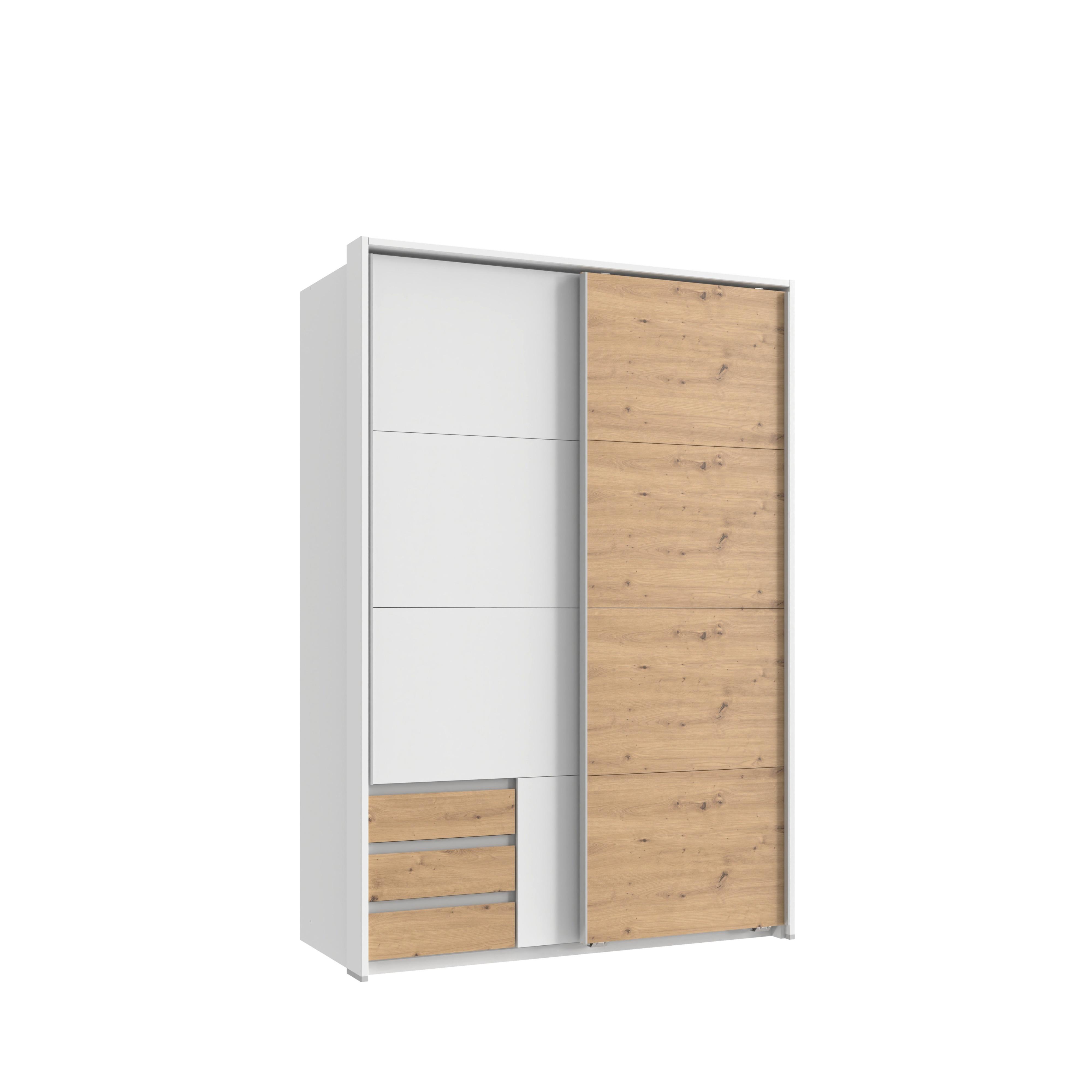 SCHWEBETÜRENSCHRANK 2-türig B138/H200/T65 cm, Passepartout-Kleiderschrank in Weiß, 1x Tür & Schubkästen in Eiche Artisan Dekor / 22669 - Eichefarben/Alufarben, Holz/Holzwerkstoff (138/200/65cm) - luma-home