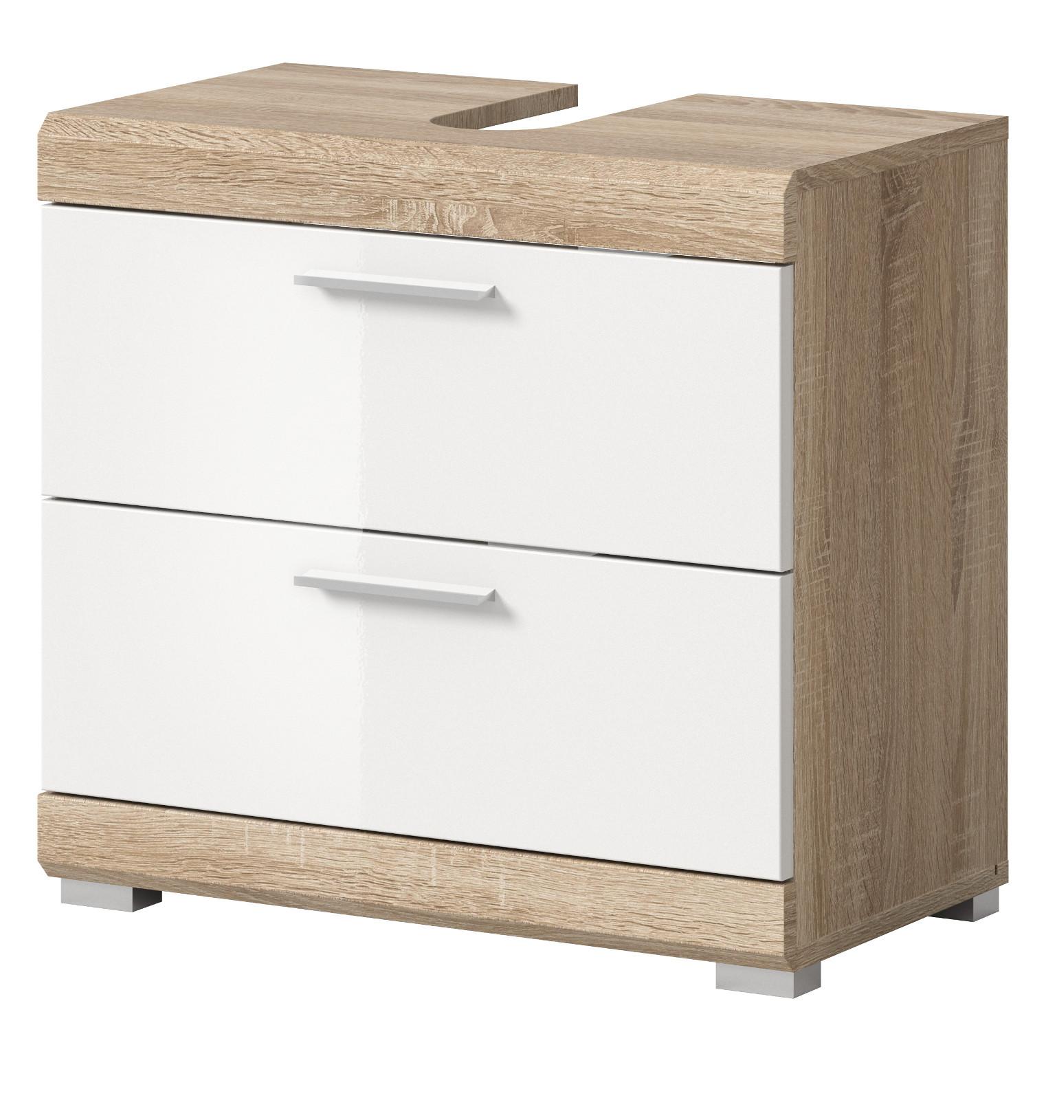 WASCHBECKENUNTERSCHRANK weiß Hochglanz, Eiche 60 cm, Schubkästen mit Vollauszug - Weiß Hochglanz/Eichefarben, Holzwerkstoff/Kunststoff (60/56/37cm) - Inn.Furn