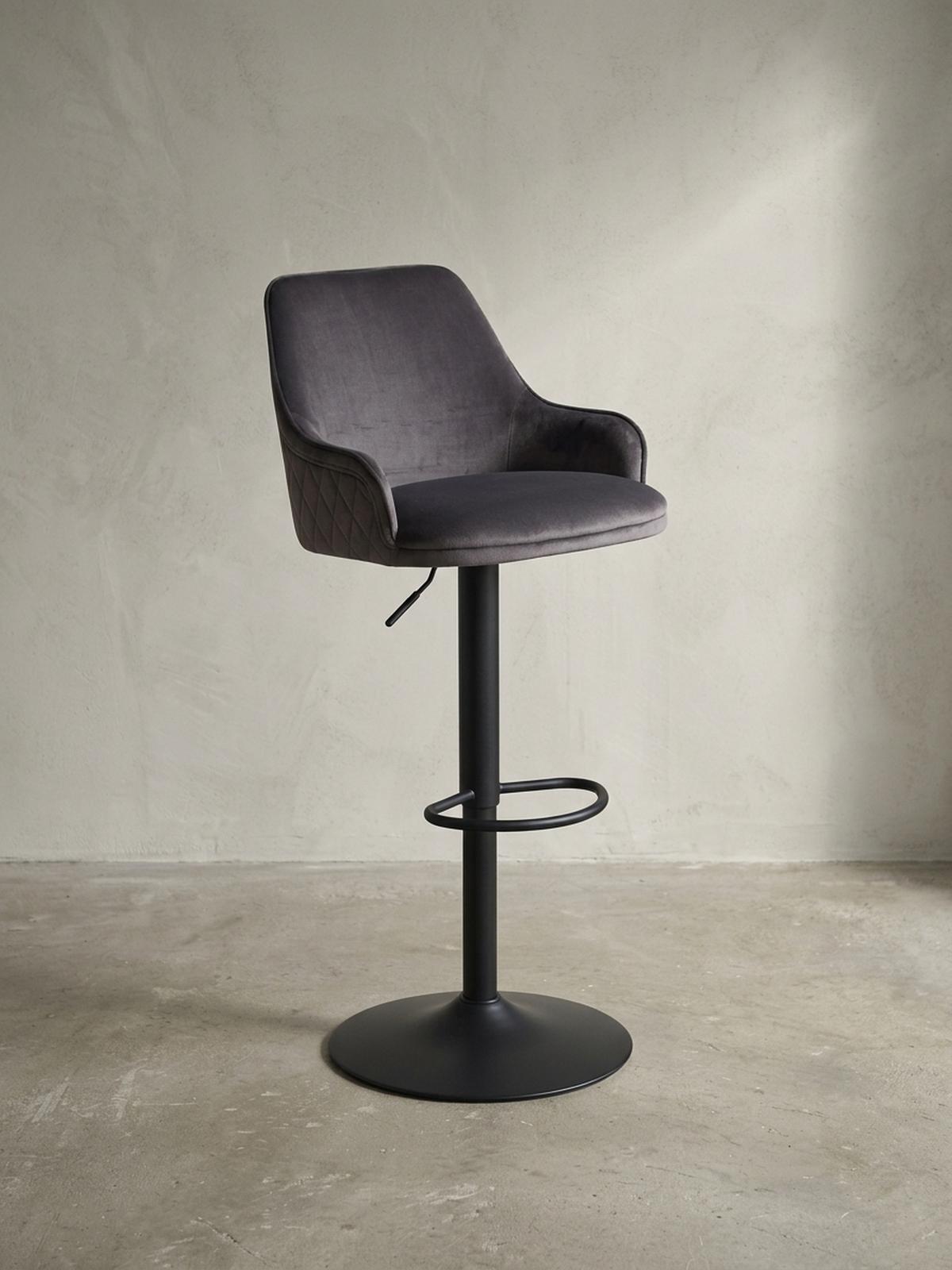 BARHOCKER Samt Lehne Höhenverstellbar Trompetenfuß Armlehne Gepolstert, Grau 45x45x106 cm - Schwarz/Grau, Textil/Metall (45/106/45cm) - KADIMA DESIGN