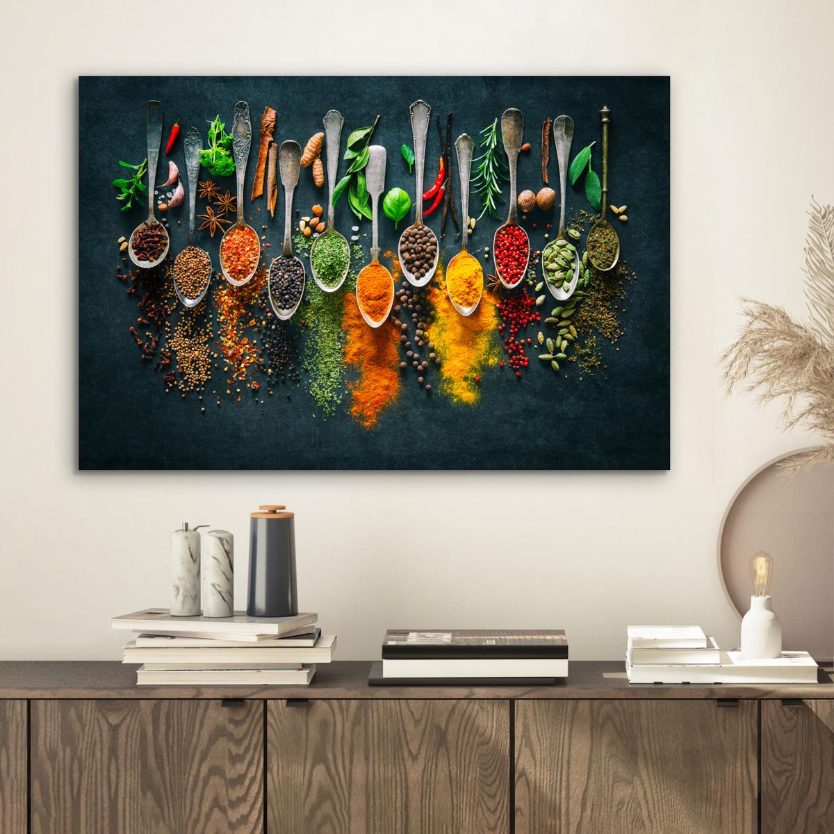 METALLBILD Kräuter - Gewürze - Löffel Wandbild 60x40 cm - Currygelb, Metall (60/40cm) - MuchoWow