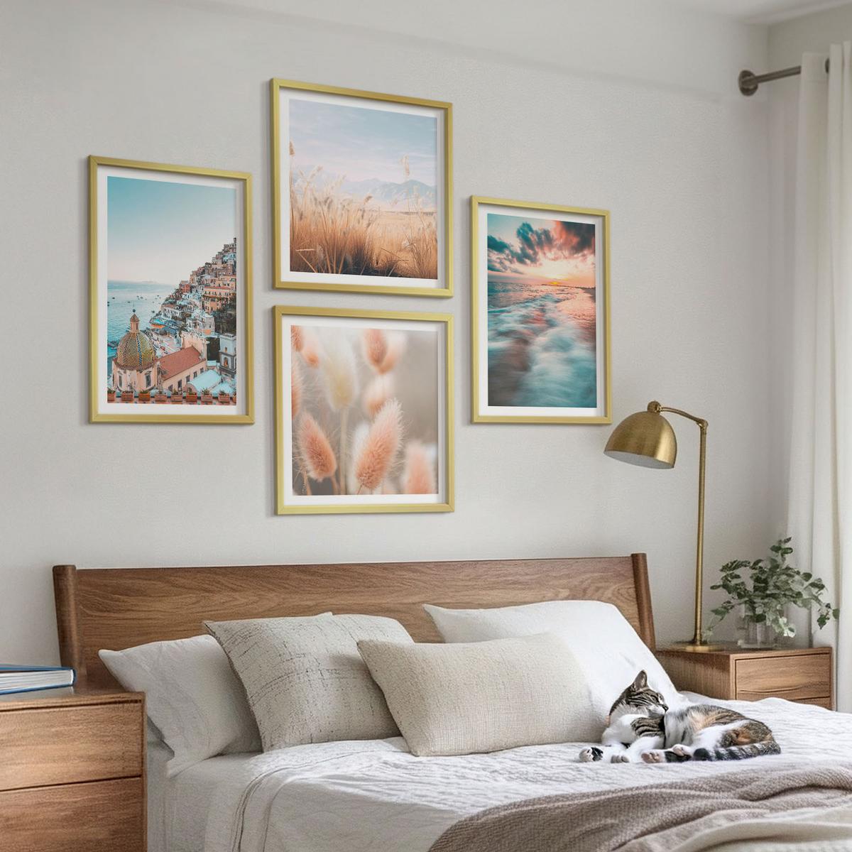 BILDER SET 4er Set - 50x50 cm & 40x60 cm Goldrahmen - Sonnenuntergang am Meer, Häuser, Blumen - Goldfarben, Kunststoff (50/50cm) - TULUP