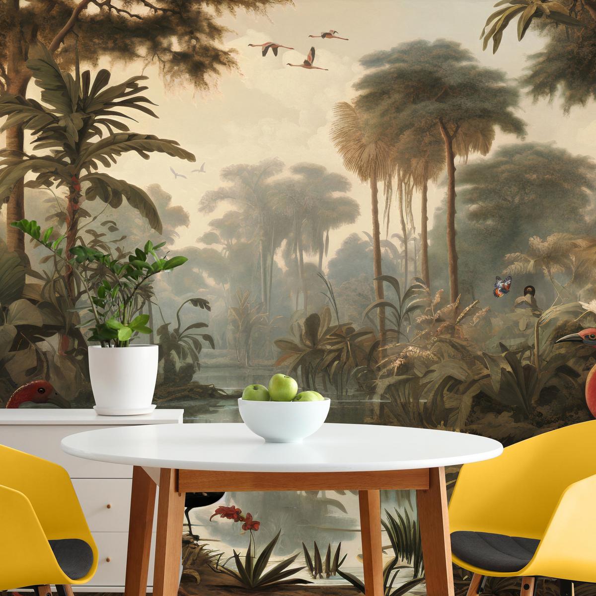FOTOTAPETE Dschungel Tropische Pflanzen Vögel 350x256 - Gelb/Beige, Papier (350/256cm) - Muralo