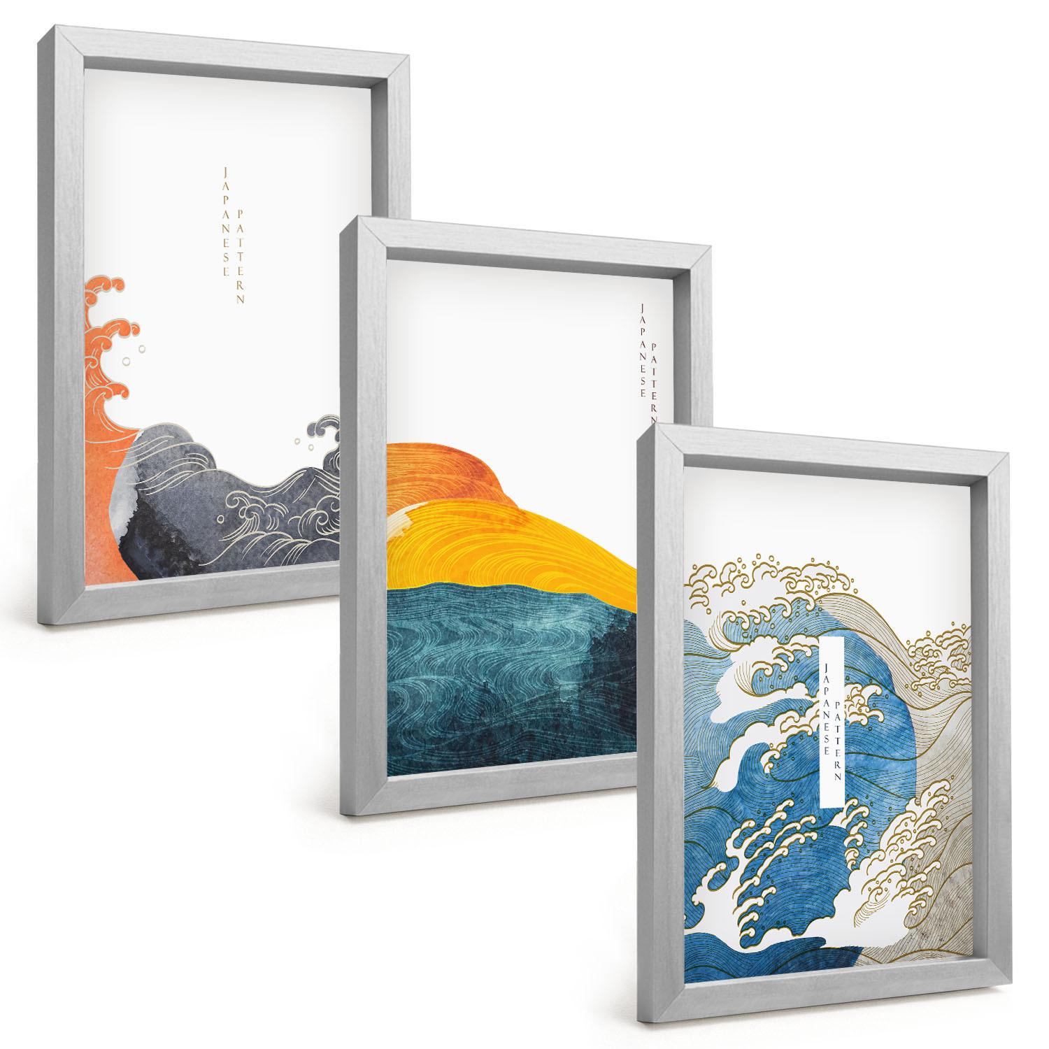 BILDER SET 3er Set - 20x30 cm Silberner Rahmen - Wellen des japanischen Grafikstils - Silberfarben, Kunststoff (20/30cm) - TULUP
