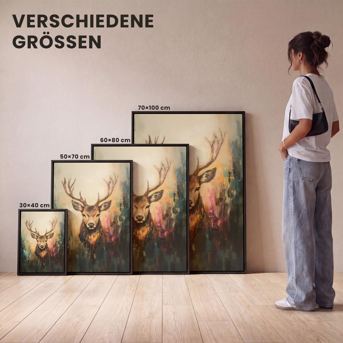 LEINWAND Bilder mit Rahmen - Hirsch - Gemalt - Geweih - Braun - 50x70 - Haselnussfarben, Textil (50/70cm) - MuchoWow