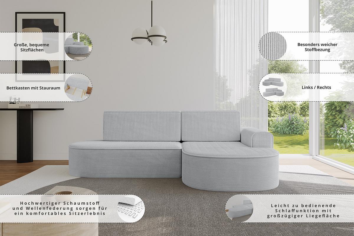 ECKSOFA mit Schlaffunktion und Bettkasten Ottomane Rechts MARI-L1-S - 283x167x73 cm Dunkelgrau Cord - Alufarben/Schwarz, Holzwerkstoff/Kunststoff (167/283cm) - ALTDECOR