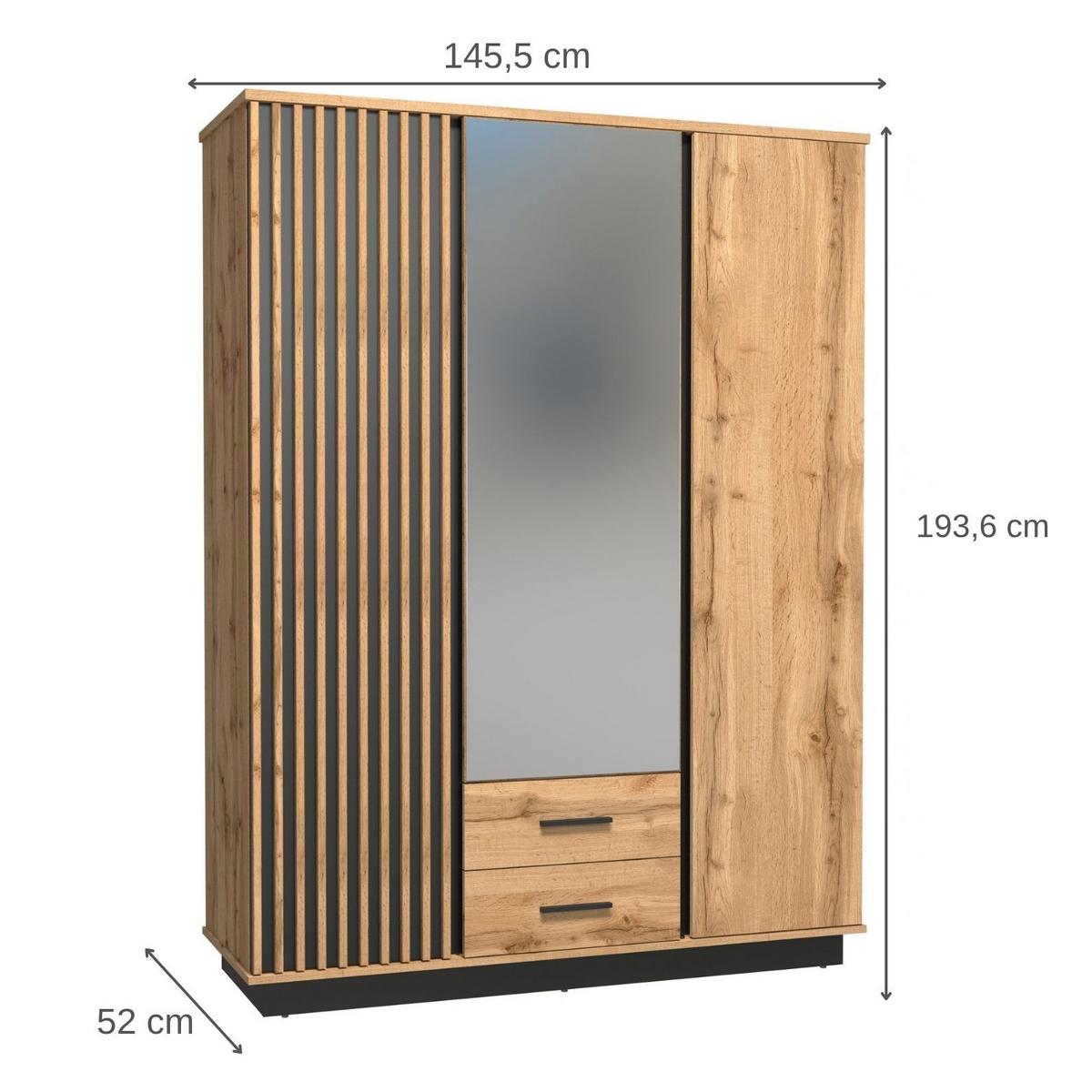 DREHTÜRENSCHRANK Lamelo mit 3 Türen und 2 Schubladen, mit Lamellen, 145 cm, Eiche Wotan - Eiche Wotan, Holzwerkstoff (145/194/52cm) - Beautysofa