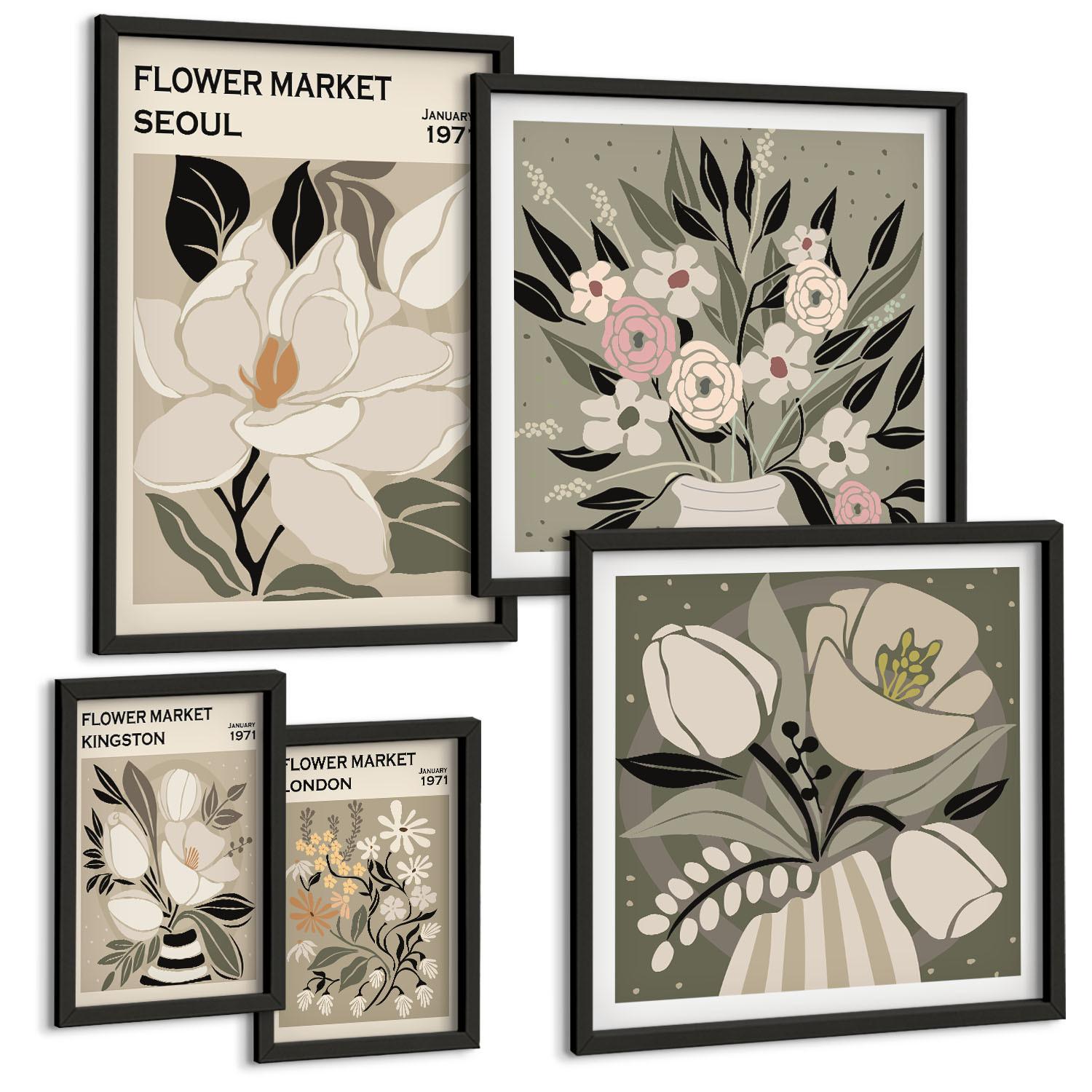 BILDER SET 5er Set - 50x50 cm & 20x30 cm & 40x60 cm Schwarzer Rahmen - Retro-Blumen aus Städten rund um die Welt - Schwarz, Kunststoff (40/60cm) - TULUP