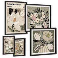 BILDER SET 5er Set - 50x50 cm & 20x30 cm & 40x60 cm Schwarzer Rahmen - Retro-Blumen aus Städten rund um die Welt - Schwarz, Kunststoff (40/60cm) - TULUP