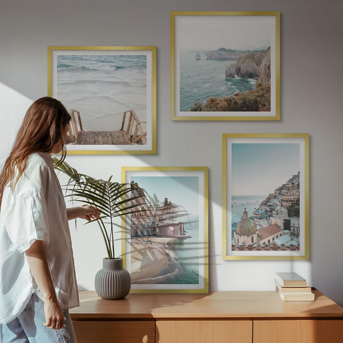 BILDER SET 4er Set - 50x50 cm & 40x60 cm Goldrahmen - Sommerliche Strandansichten in Pastellfarben - Goldfarben, Kunststoff (50/50cm) - TULUP