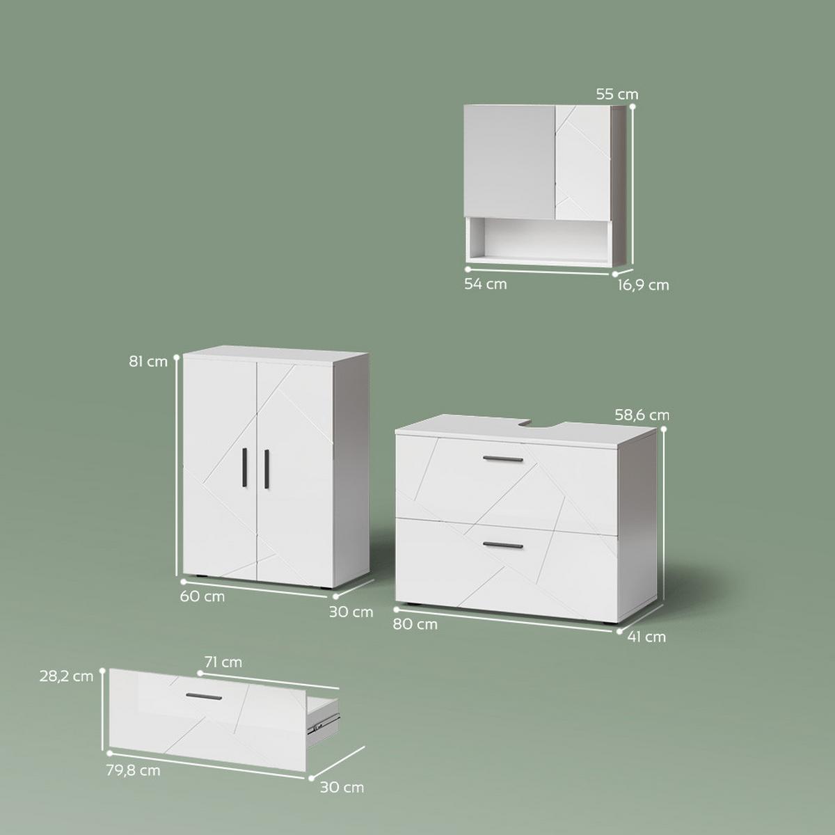 BADMÖBEL-SET Ronco Weiß Hochglanz 3 Teile, mit Unterschrank 80 cm - Weiß Hochglanz, Holzwerkstoff (80/58/41cm) - Livinity®