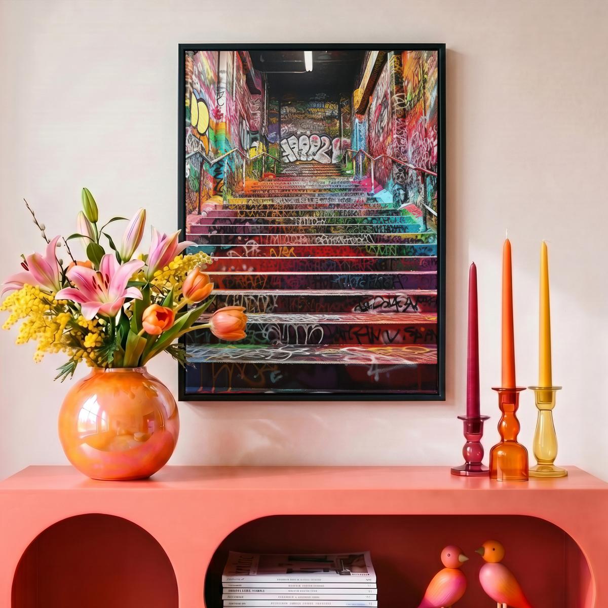 LEINWAND Bilder mit Rahmen - Treppe - Graffiti - Farben - Kunst - 30x40 - Multicolor, Textil (30/40cm) - MuchoWow