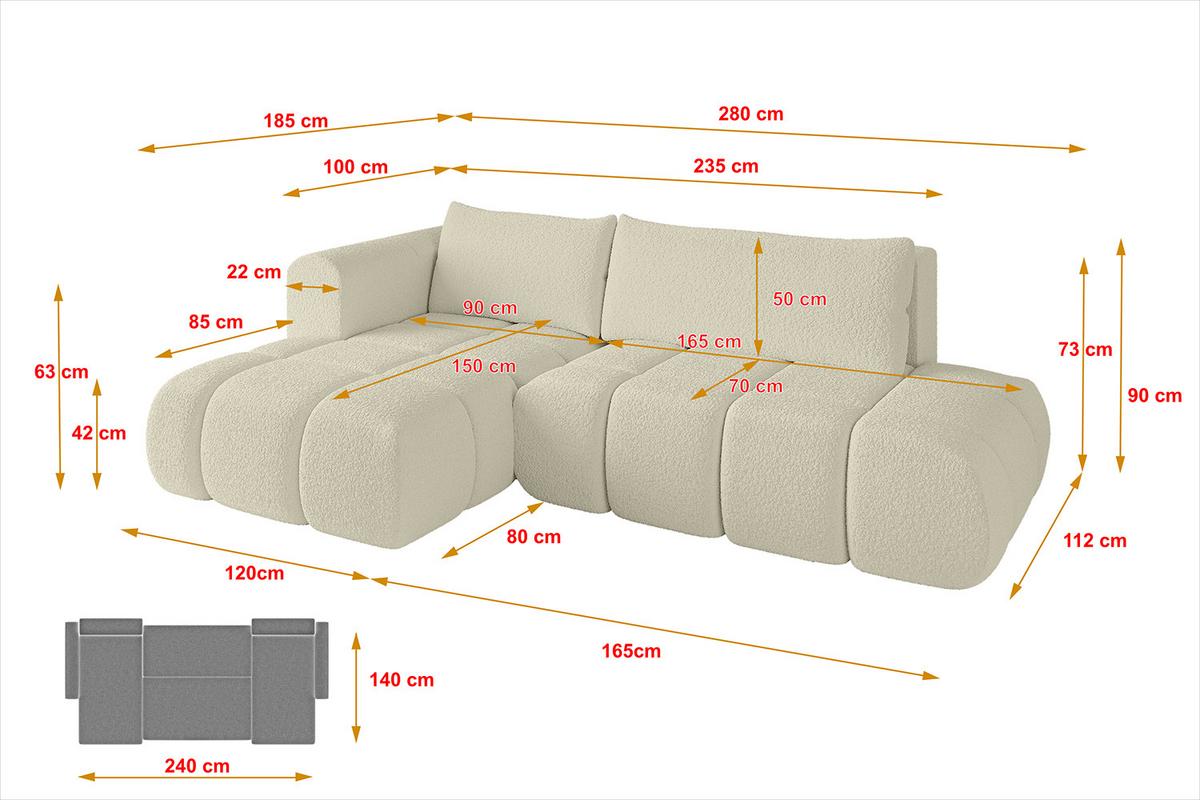 ECKSOFA Ottomane Links CLOUD-L 280x185x90 Beige Bouclé - Beige, Holzwerkstoff/Kunststoff (280/185cm) - ALTDECOR
