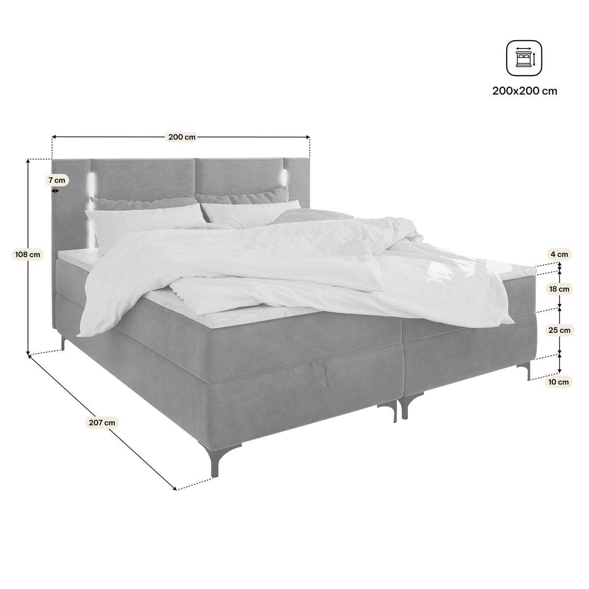 BOXBETT CEVANO 200x200 cm mit Matratze und Topper, H2+H3 - Grau - Grau, Holz (200/200cm) - MASSENO