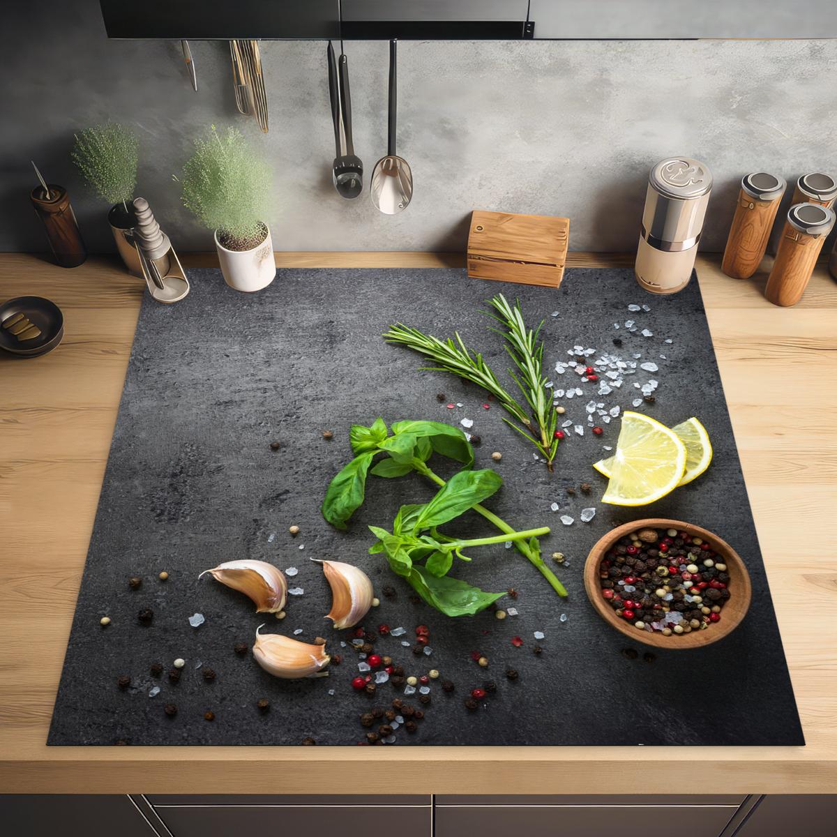 HERDABDECKPLATTE Limette - Kräuter - Gewürze - Grün - Grau - Beton Induktionsmatte 78x78 cm - Grün, Kunststoff (78/78/0.2cm) - MuchoWow