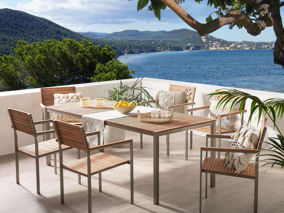GARTENSTUHL 6er-Set Edelstahl / Teakholz hellbraun Viareggio - Hellbraun, Holz (56/86/53cm) - Beliani
