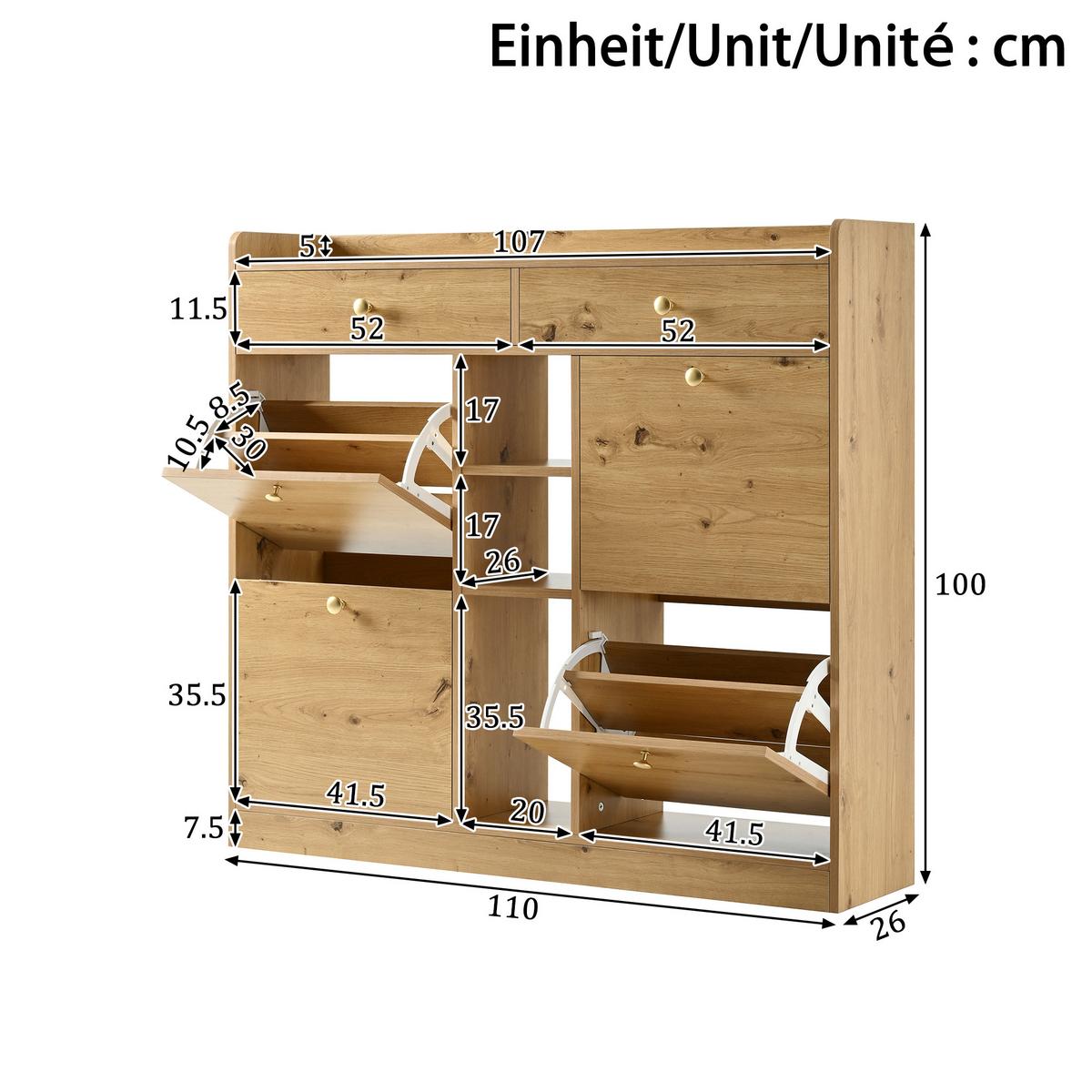 SCHUHSCHRANK holz-optik 110 cm mit 4 klapptüren & 2 schubladen - Naturfarben, Holzwerkstoff (110/100/26cm) - Urban Meuble