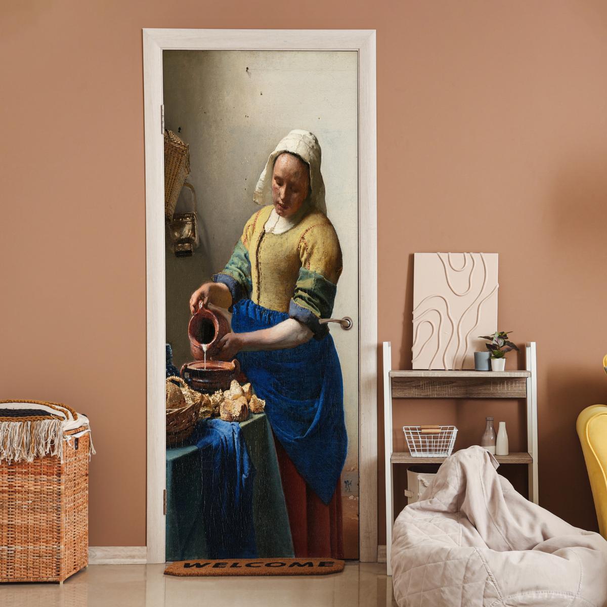 TÜRAUFKLEBER Das Milchmädchen - Johannes Vermeer 90x235 cm - Türtapete - Dunkelblau, Kunststoff (90/0.1cm) - MuchoWow