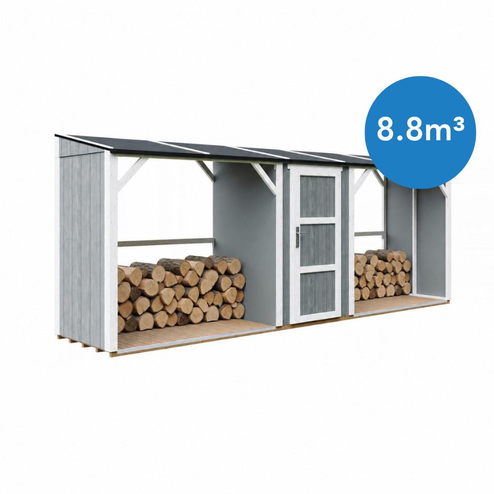 BRENNHOLZLAGER doppelt mit Geräteraum 6,49 m², zwei Brennholzbereiche mit insgesamt ~8,8 m³ Fassungsvermögen - Grau, Holz (118/220/550cm) - Timbela