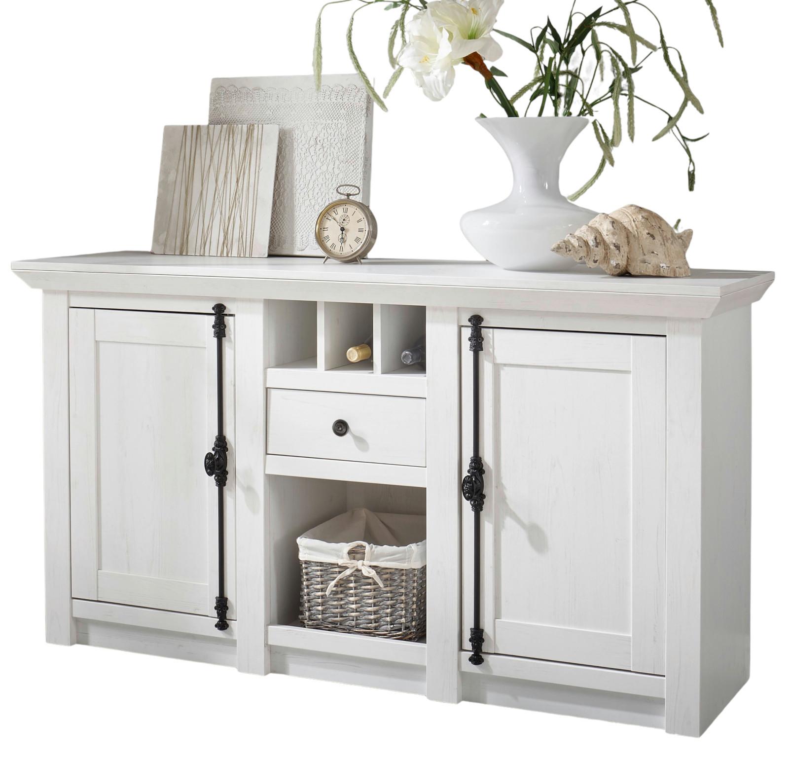 SIDEBOARD weiß Pinie Landhaus, Kommode mit Weinregal 152 x 83 cm - Anthrazit/Weiß, Holzwerkstoff/Metall (152/83/45cm) - Furn.Design