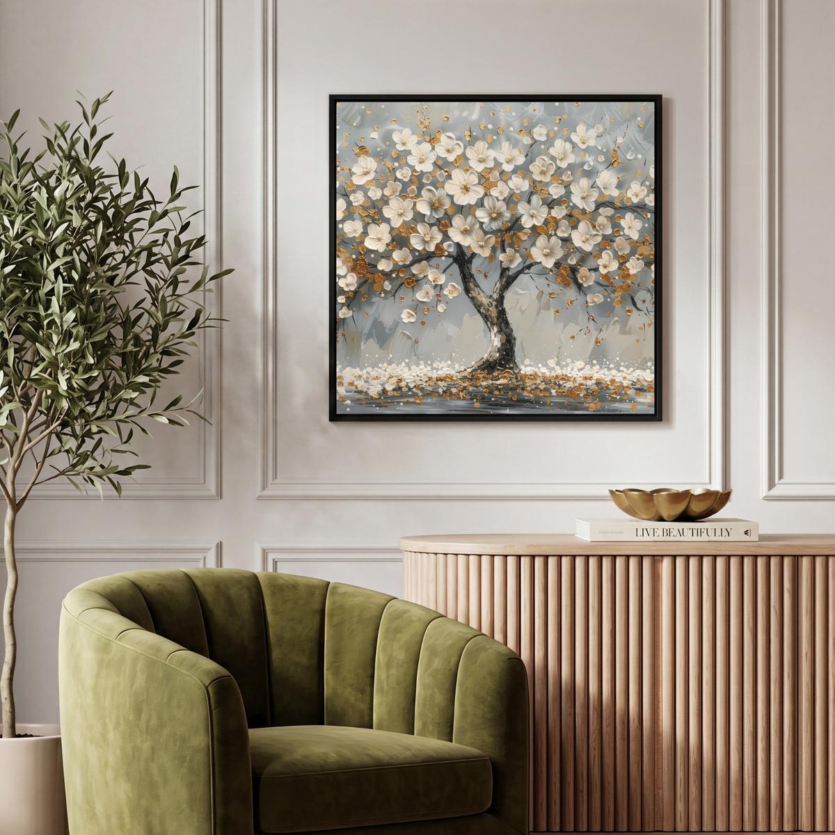 LEINWAND Bilder mit Rahmen - Baum - Blumen - Weiß - Natur - Kunst - 50x50 - Weiß, Textil (50/50cm) - MuchoWow