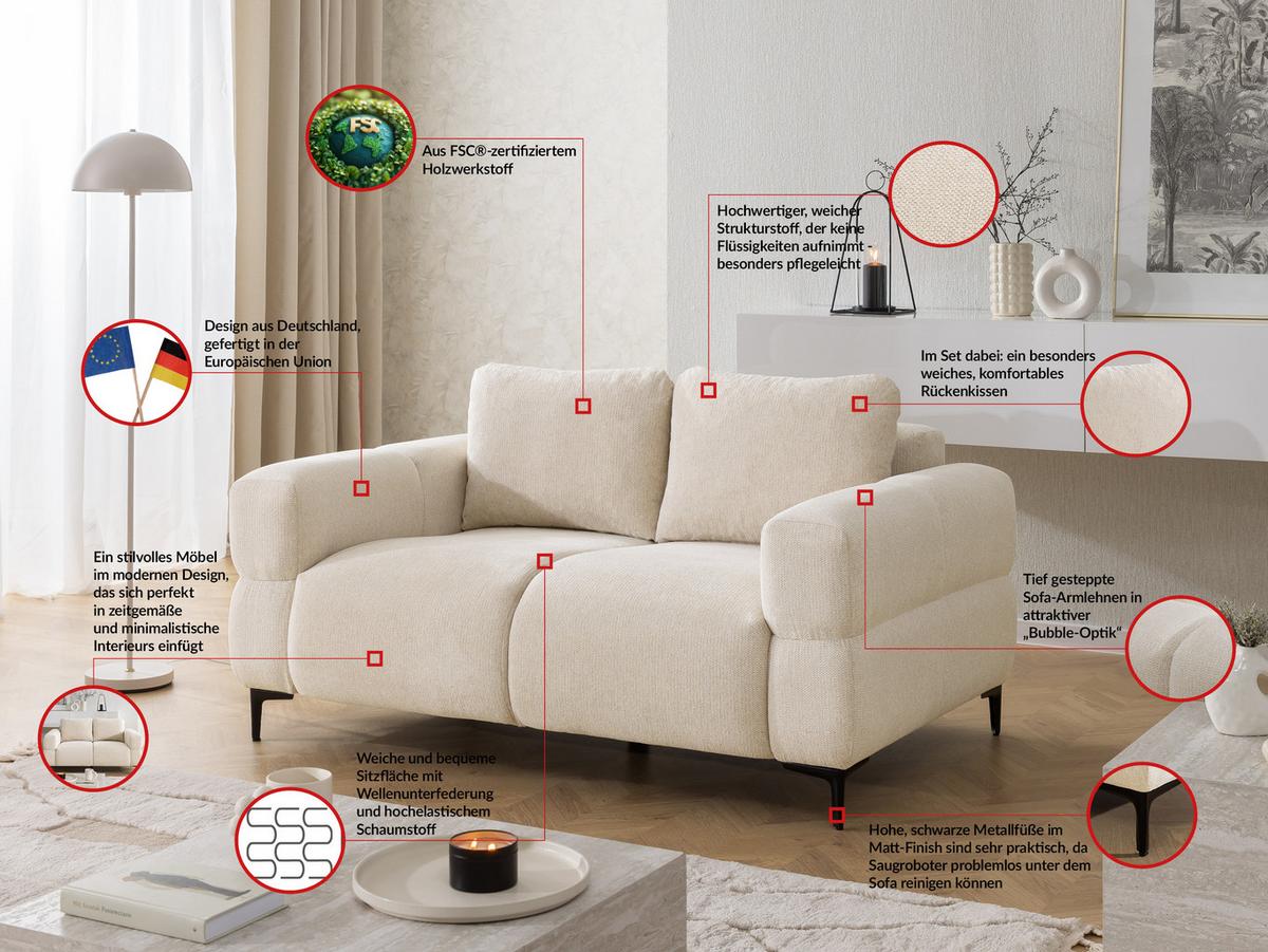 2-SITZER-SOFA Cardea in Bubble-Optik aus weichem Hellbeige Strukturstoff mit hohem Sitzkomfort - Beige/Schwarz, Holz/Textil (154/80/97cm) - S-Style Möbel