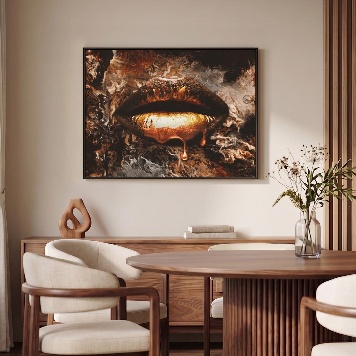 LEINWAND Bilder mit Rahmen - Gold - Lippen - Kunst - Gold - Luxus - Abstrakt - 100x70 - Kupferfarben, Textil (100/70cm) - MuchoWow