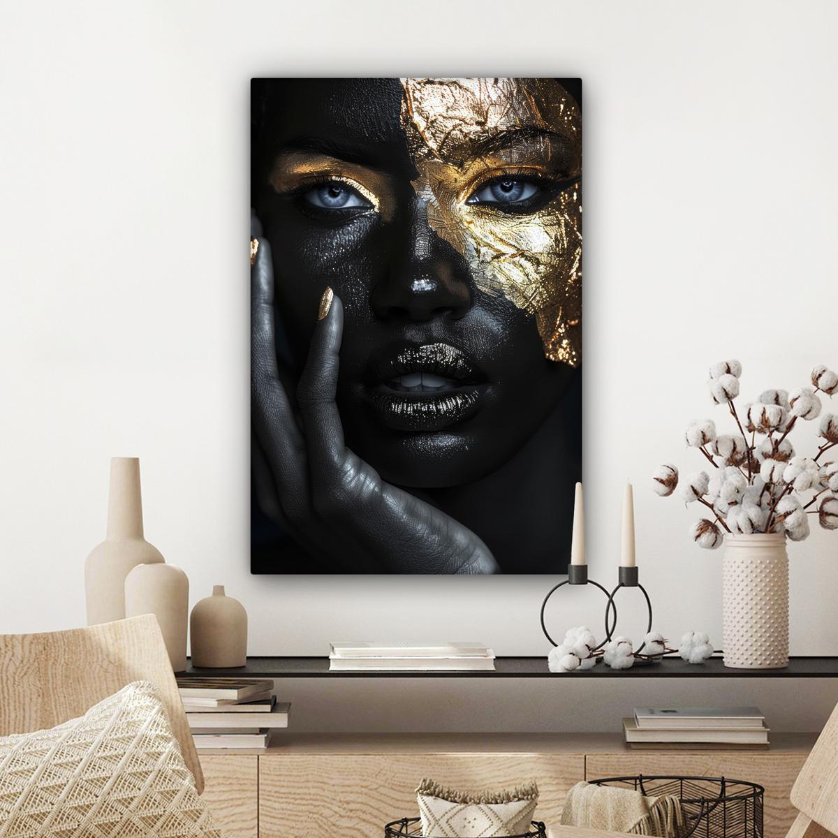 LEINWANDBILD Frau - Gold - Porträt - Schwarz-Weiß - Luxus Wanddeko Schlafzimmer 60x90 cm - Hellblau, Textil (60/90cm) - MuchoWow