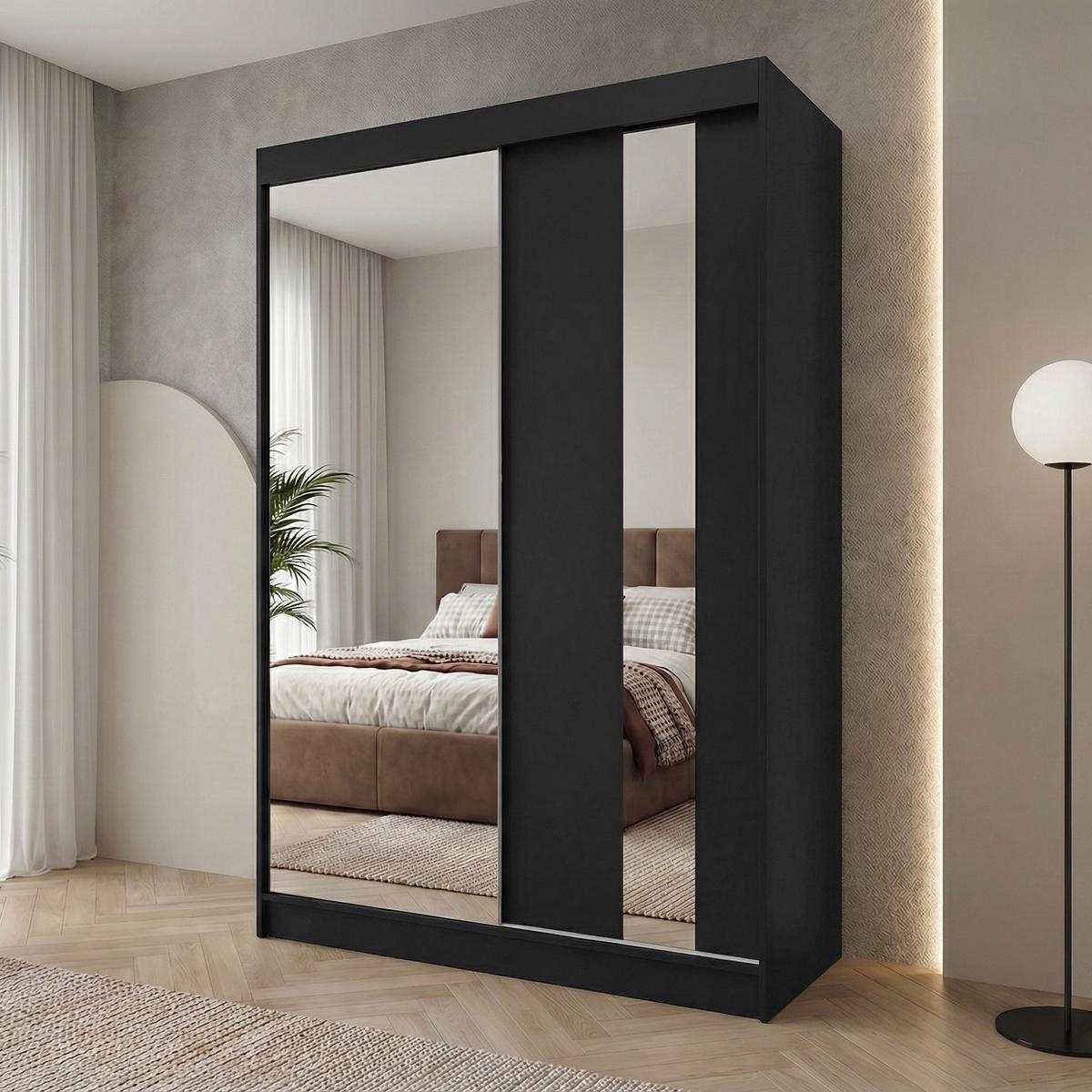 SCHWEBETÜRENSCHRANK Gaja 160/216/61 Schwarz mit Spiegel und Schubladeneinsätze - Schwarz, Holzwerkstoff (160/216/61cm) - Beautysofa