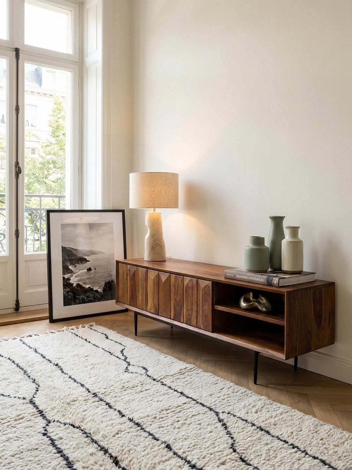 LOWBOARD Massivholz Modern Stil für 55-Zoll Fernseher Push-to-Open mit Edelstahlbeinen - Schwarz/Braun, Holz/Metall (123/42/35cm) - KADIMA DESIGN