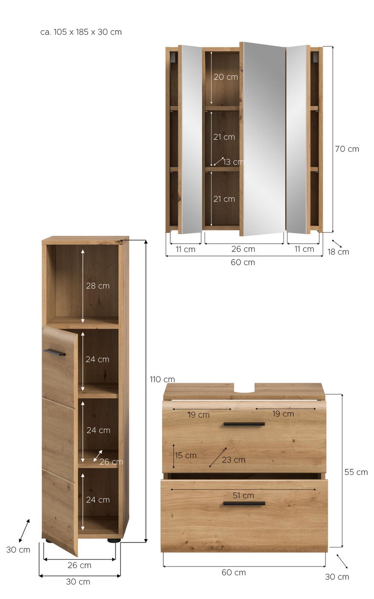 BADMÖBEL Set Eiche Artisan 3-teilig, Badkombination 105 cm, modernes Design, Cover - Schwarz/Eiche Artisan, Glas/Holzwerkstoff (105/185/30cm) - Inn.Furn