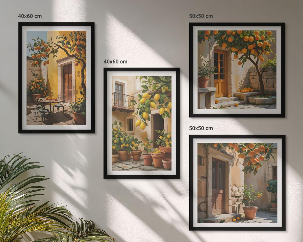 BILDER SET 4er Set - 50x50 cm & 40x60 cm Schwarzer Rahmen - Zitrusfrüchte in der Sonne - Schwarz, Kunststoff (50/50cm) - TULUP