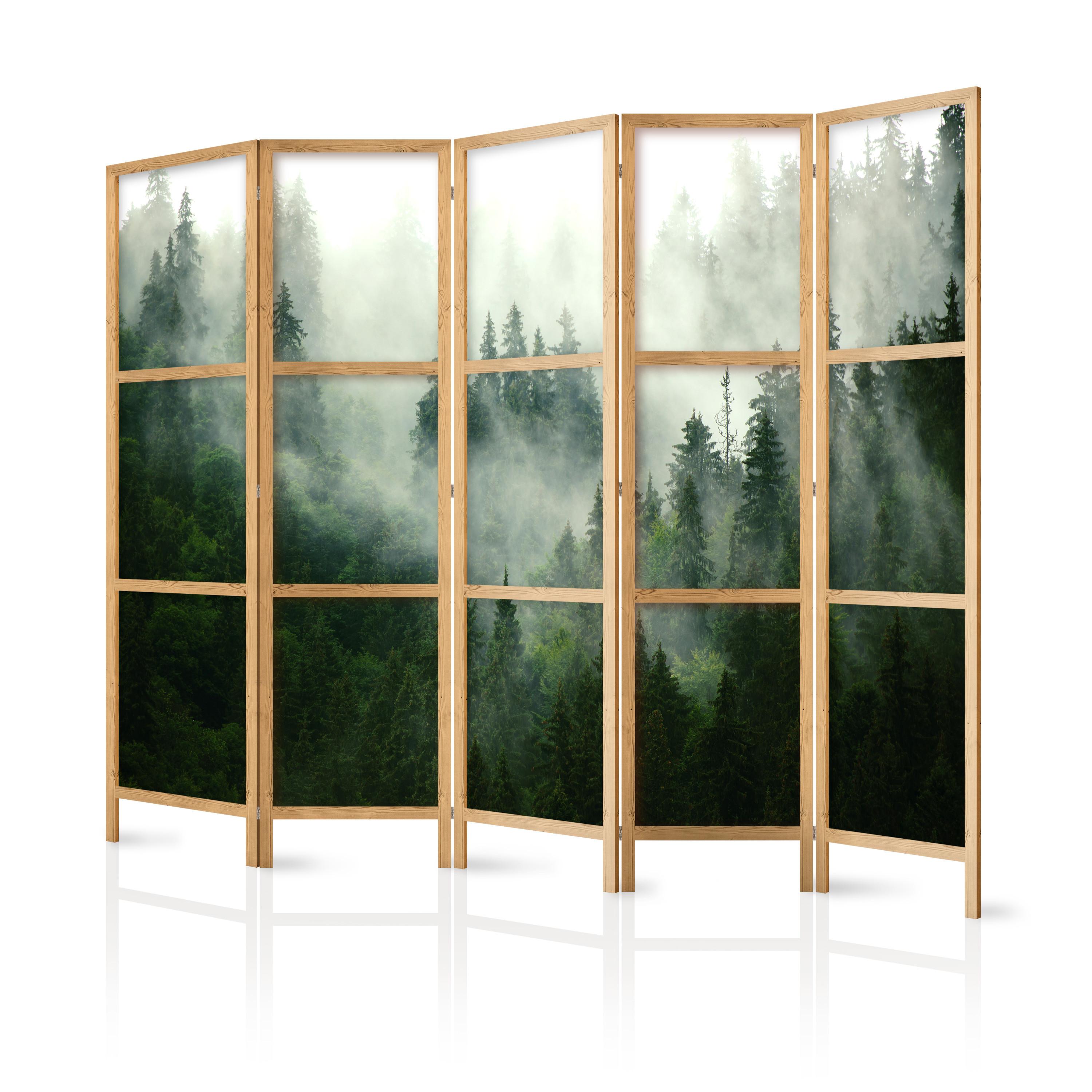 PARAVENT Japanischer 5-tlg 225x172 cm Wald Im Nebel - Grün, Holz/Textil (225/172/3cm) - Muralo