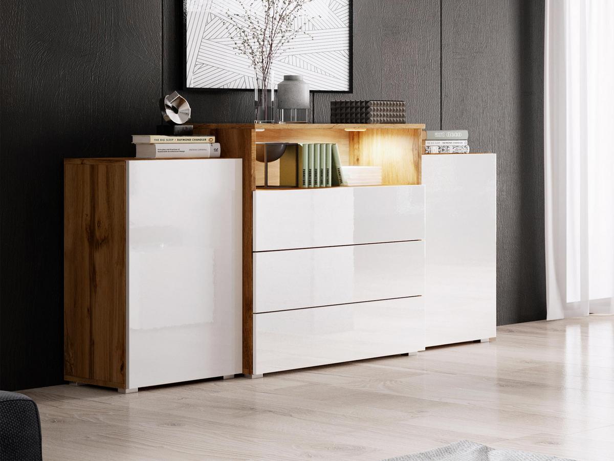 SIDEBOARD Urban III - Weiß Hochglanz/Eiche Wotan, Holzwerkstoff/Kunststoff (150/81/39cm) - MIRJAN24