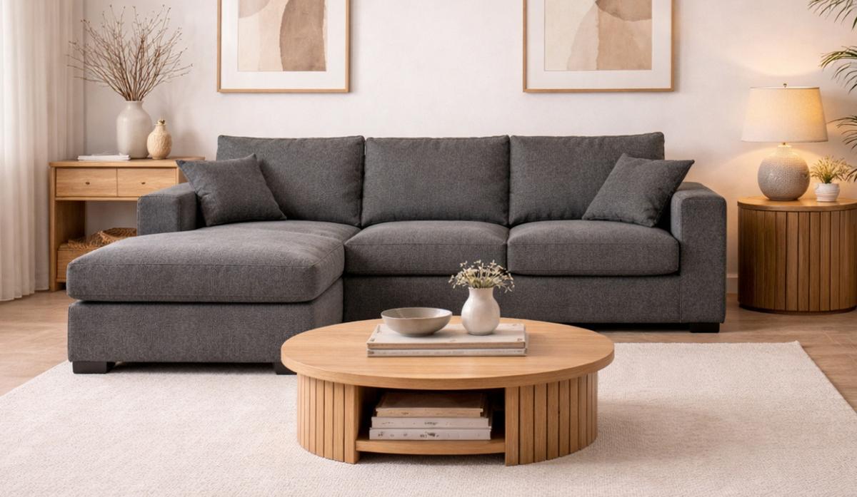 SOFA grau Strukturstoff 308 cm, Ecksofa 5-Sitzer, L-Sofa Ottomane links - Schwarz/Grau, Holz/Textil (308/186cm) - Inn.Furn