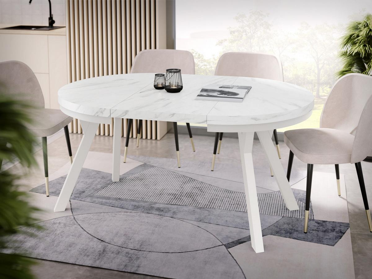 ESSTISCH Lume Weiß runder ausziehbarer, Marmor Weiß 100-150/100/76 cm - Ecru/Weiß, Holz/Holzwerkstoff (100/150/76cm) - WFL GROUP