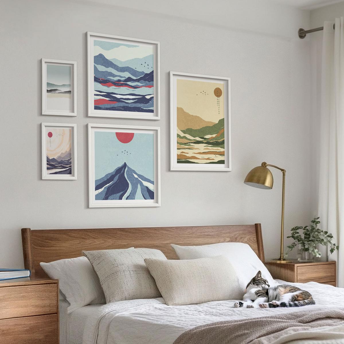 BILDER SET 5er Set - 50x50 cm & 20x30 cm & 40x60 cm Weißer Rahmen - Berge minimalistische Pastellfarben - Weiß, Kunststoff (40/60cm) - TULUP