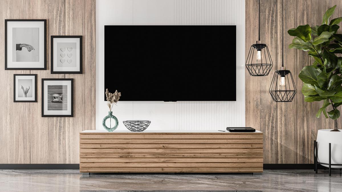 LOWBOARD ZIVOLLI 160 Weiß, Wotan Lamellen 160/36,5/40 cm – Hängend und Stehend - Hellbraun/Weiß, Holzwerkstoff/Kunststoff (160/36.5/40cm) - AX Living