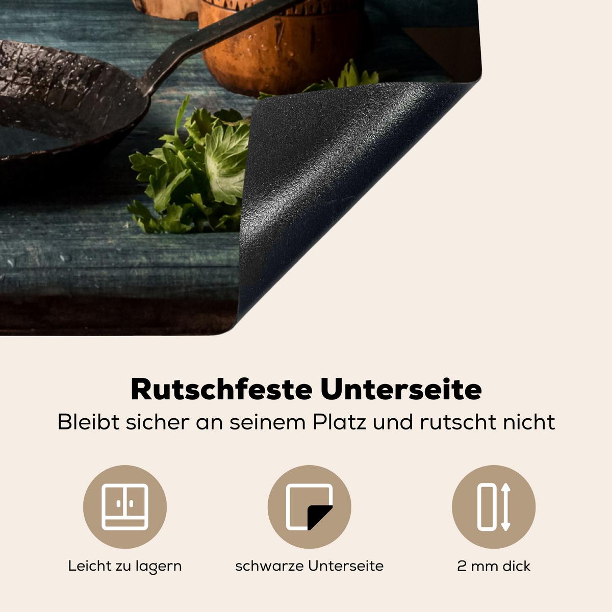 HERDABDECKPLATTE Kräuter - Gewürze - Pfanne - Messer - Grau - Rustikal Induktionsmatte 78x78 cm - Petrol, Kunststoff (78/78/0.2cm) - MuchoWow