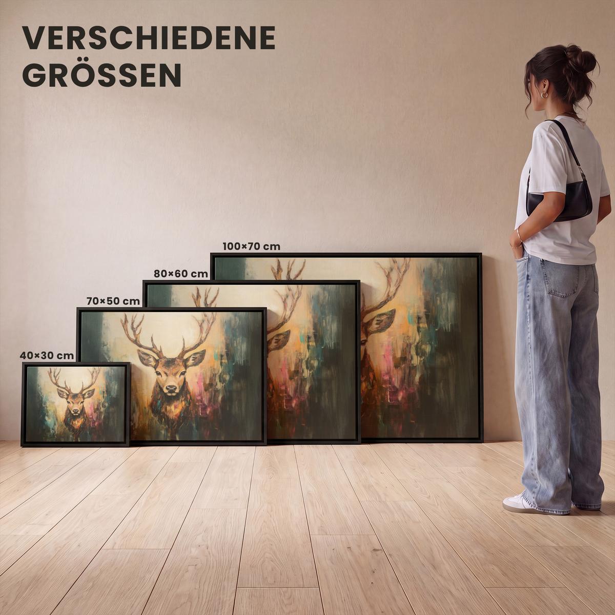 LEINWAND Bilder mit Rahmen - Hirsch - Gemalt - Geweih - Braun - 100x70 - Haselnussfarben, Textil (100/70cm) - MuchoWow