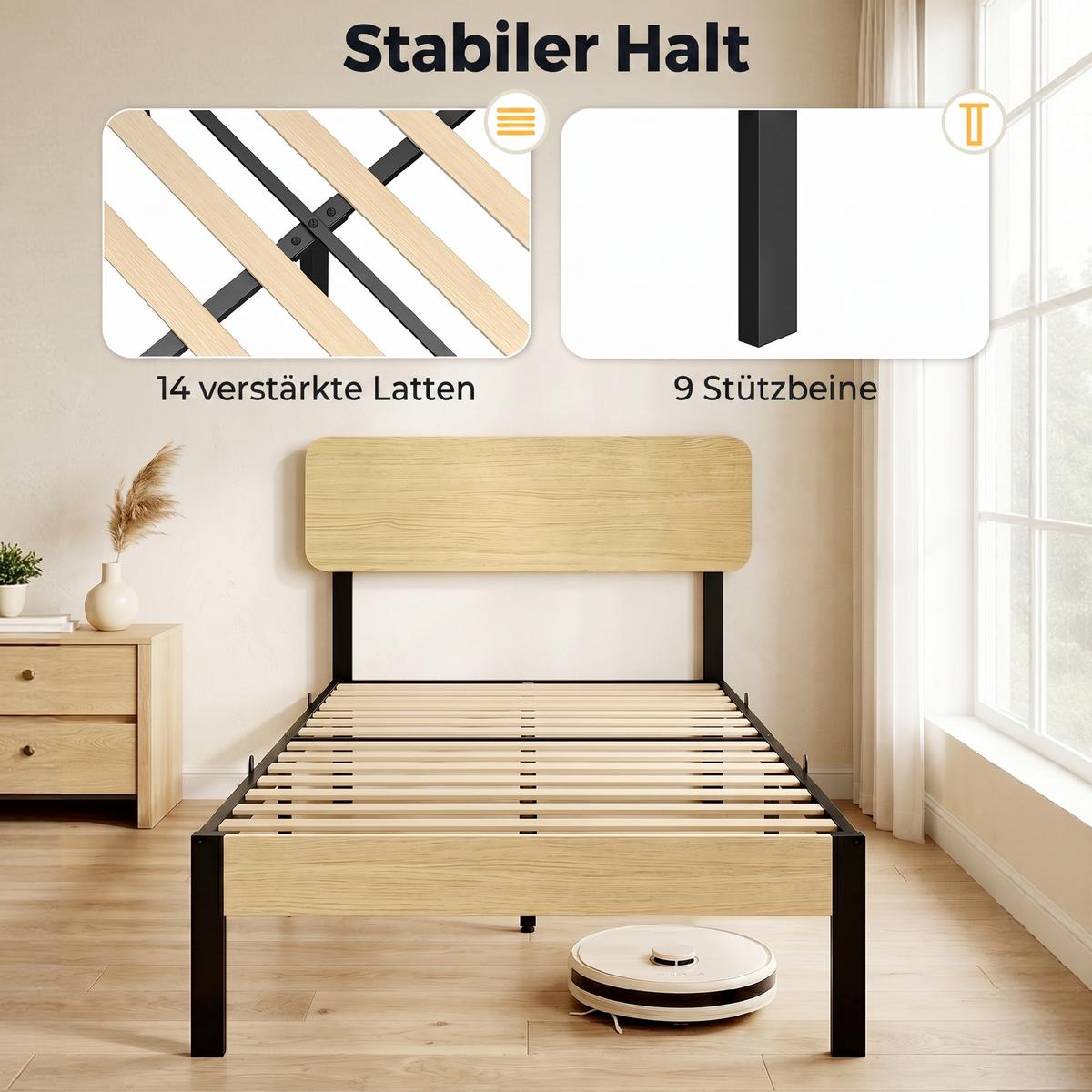 BETTGESTELL Metall Spanplatte Naturholz Schwarz Naturholz - Schwarz, Metall (90/200cm) - HOMCOM