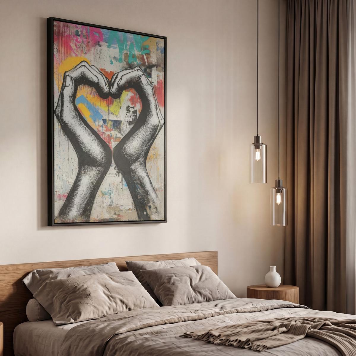LEINWAND Bilder mit Rahmen - Hände - Herz - Straßenkunst - Graffiti - 60x90 - Multicolor, Textil (60/90cm) - MuchoWow