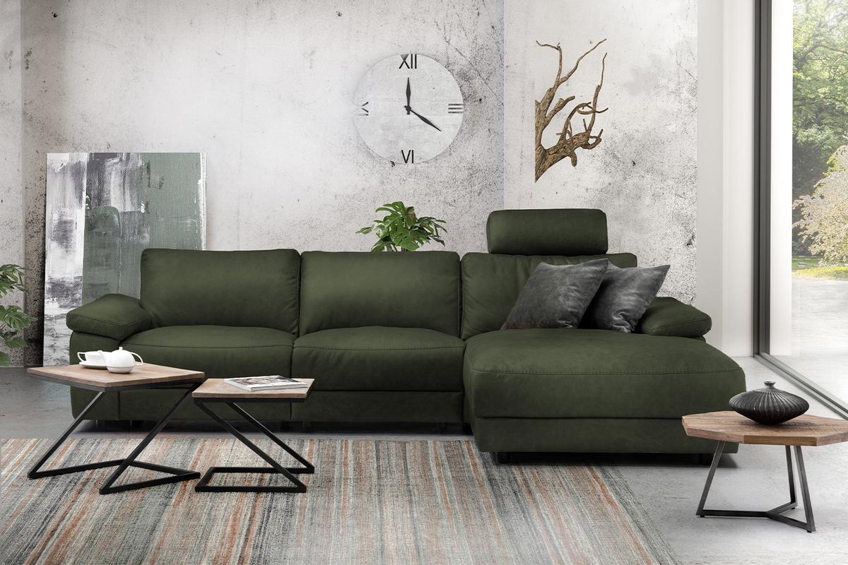 ECKSOFA XL MOTORISCHER RELAXFUNKTION LOLA Dunkelgrün Leder Relaxfunktion - Dunkelgrün/Schwarz, Leder (304/178cm) - KAWOLA