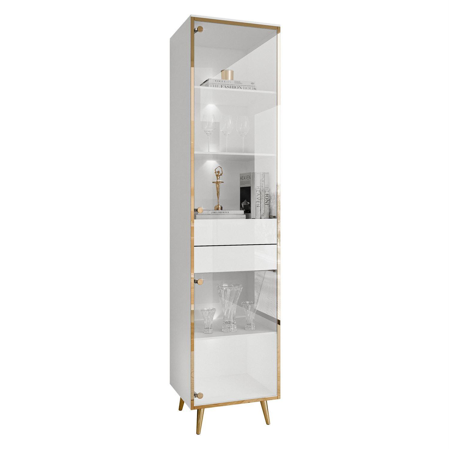 VITRINE AURORA in Weiß hochglanz mit LED-Beleuchtung mit schräge Goldchrom Fuße - Weiß Hochglanz/Goldfarben, Holzwerkstoff/Metall (45/194/40cm) - Lookway