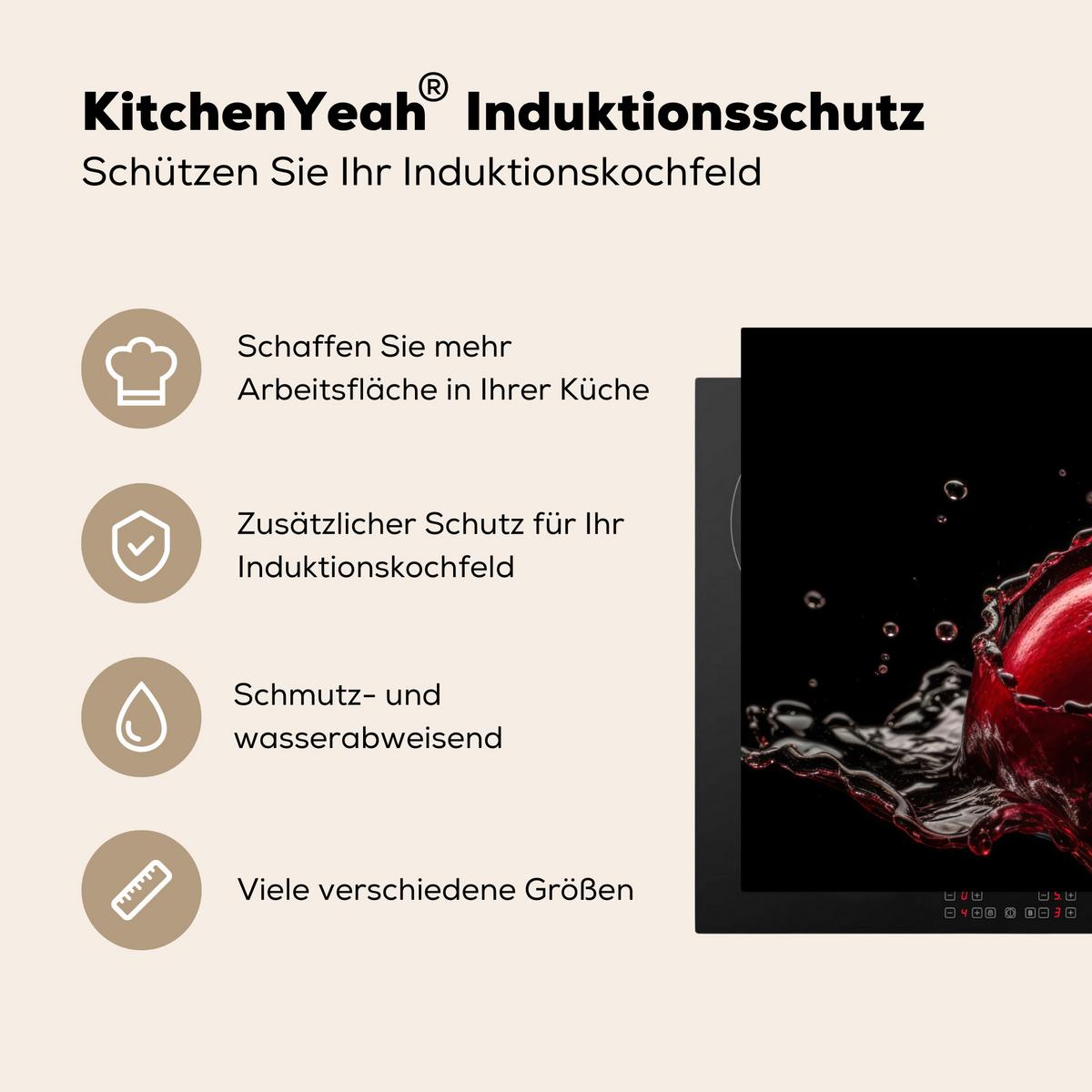 HERDABDECKPLATTE Kirsche - Rot - Frucht - Wasser - Schwarz Induktionsschutz 91.6x52.7 cm - Kirschrot, Kunststoff (91.6/52.7/0.2cm) - MuchoWow